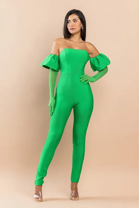 Green Bandage Puff Glove Jumpsuit