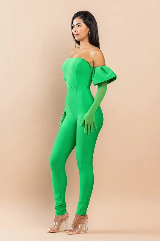 Green Bandage Puff Glove Jumpsuit