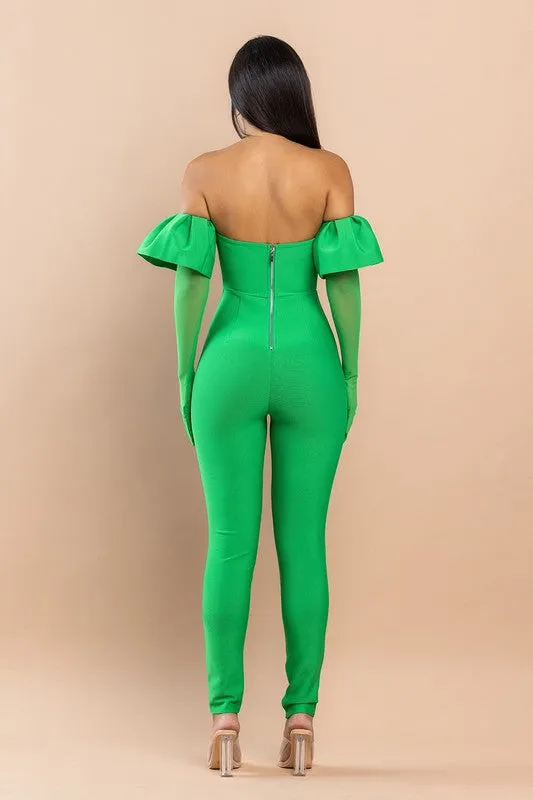 Green Bandage Puff Glove Jumpsuit