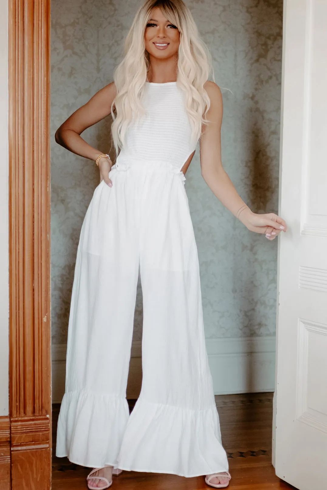 Halter Ego Wide Leg Halter Jumpsuit (Off White)