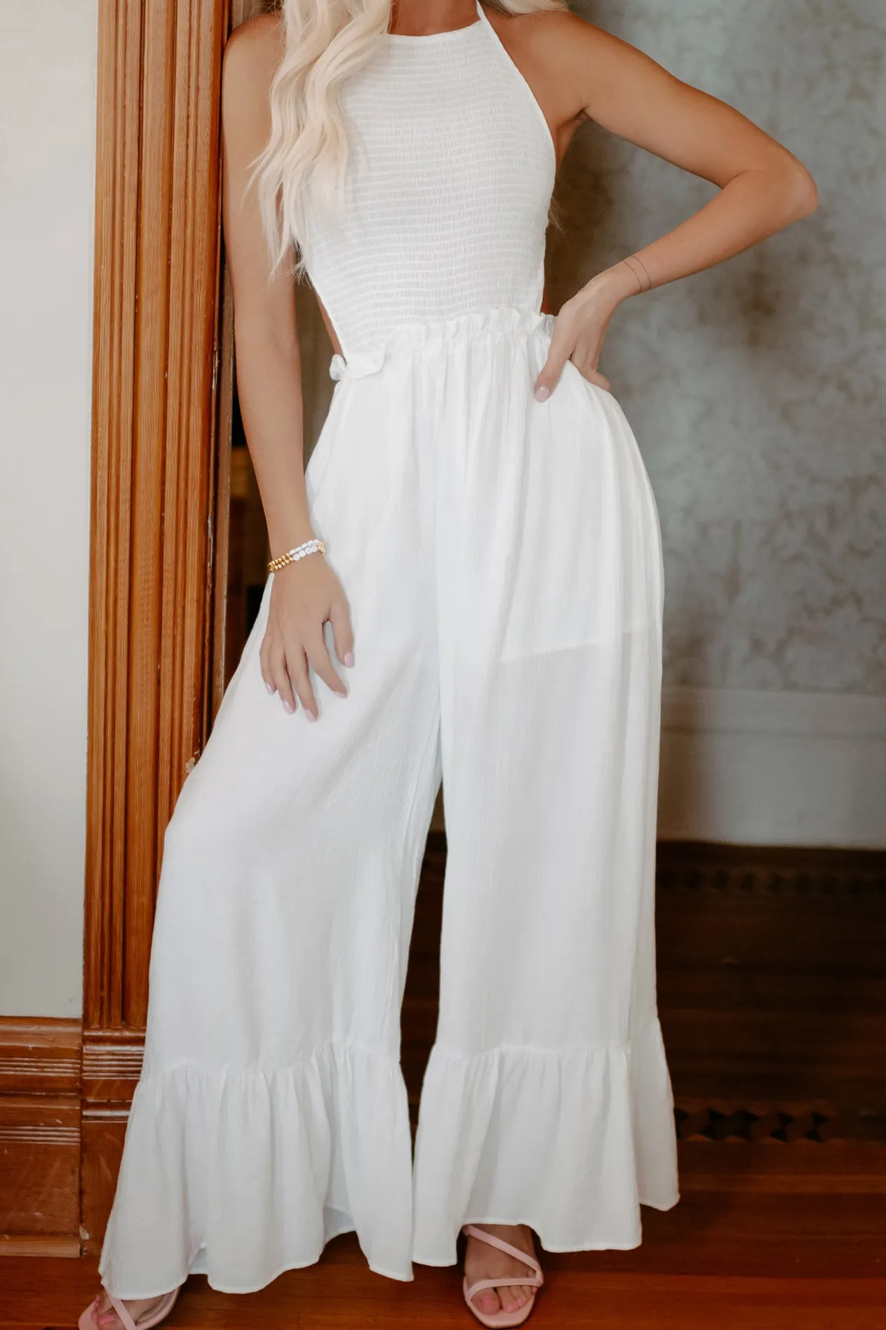 Halter Ego Wide Leg Halter Jumpsuit (Off White)