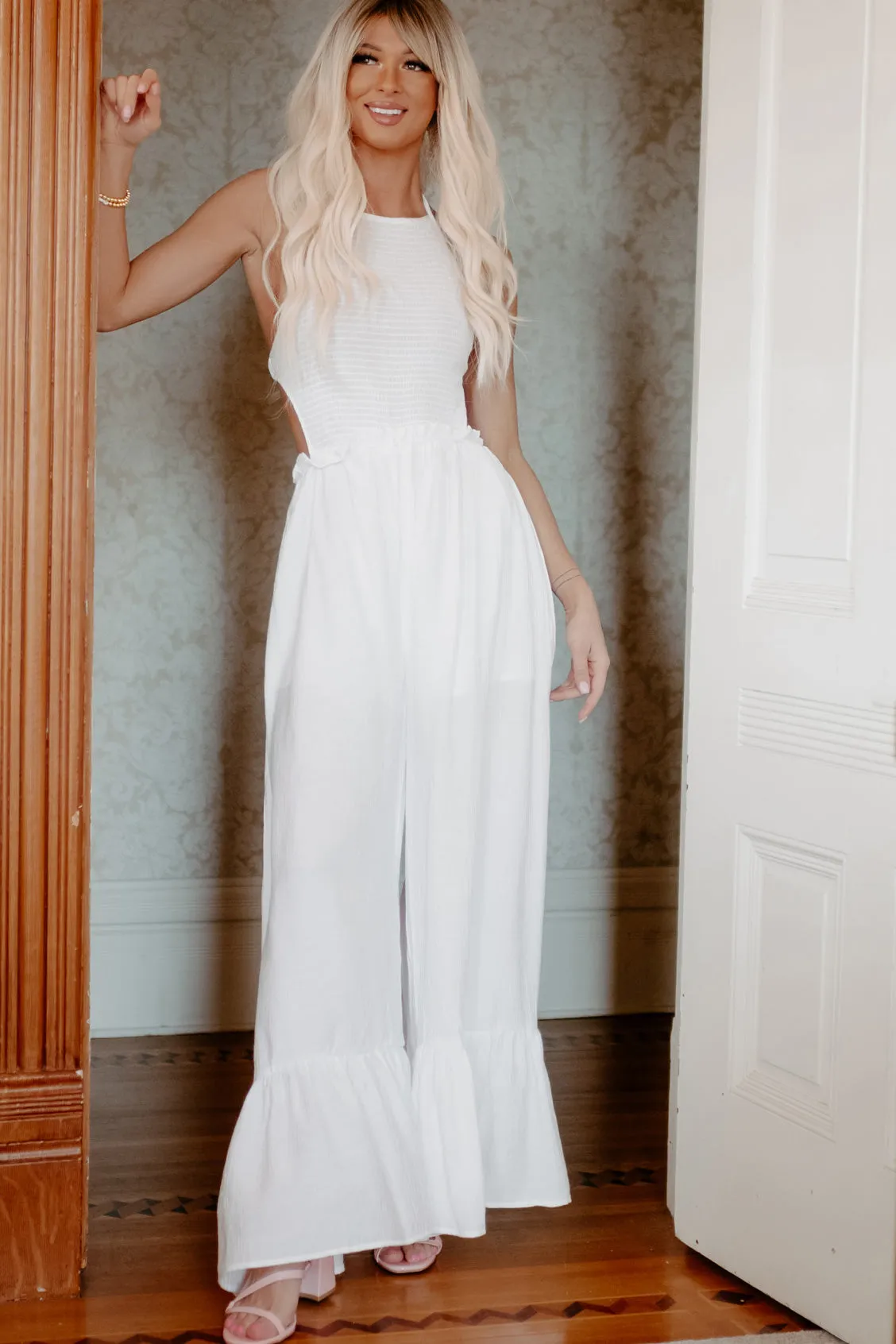 Halter Ego Wide Leg Halter Jumpsuit (Off White)