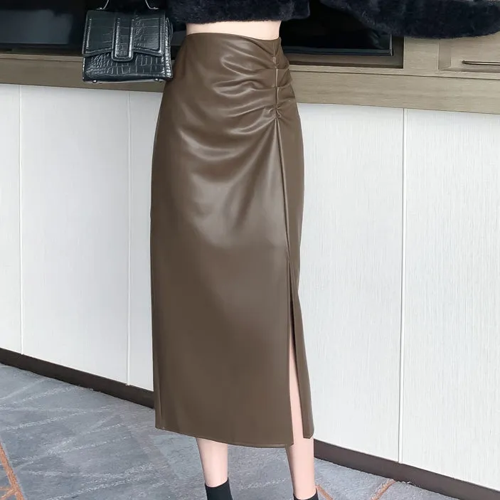 High-Waisted Slit A-Line Washed Leather Skirt