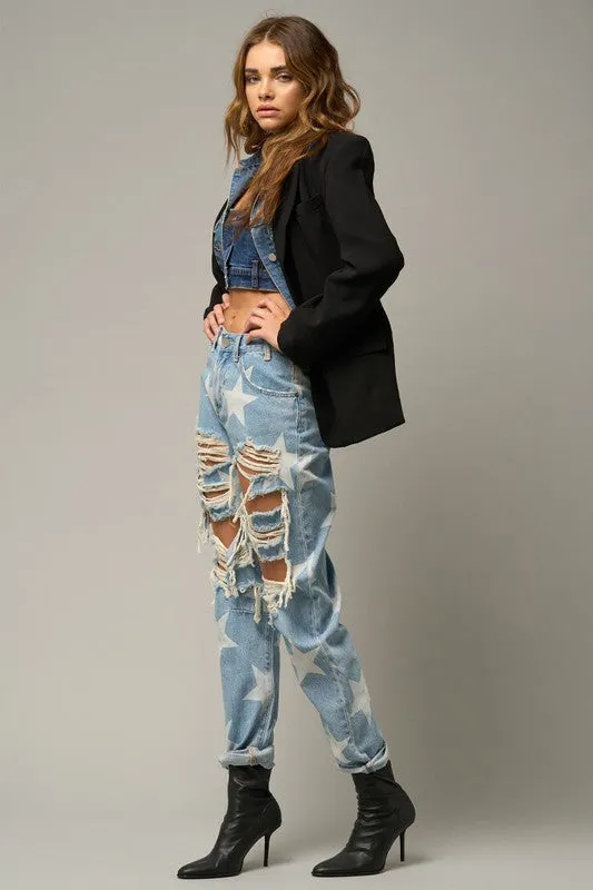 Insane Gene Star Pattern Destroyed Slouchy Straight Leg Blue Denim Jeans