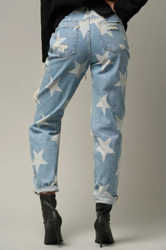 Insane Gene Star Pattern Destroyed Slouchy Straight Leg Blue Denim Jeans