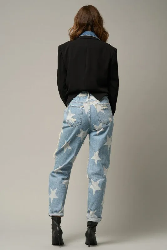 Insane Gene Star Pattern Destroyed Slouchy Straight Leg Blue Denim Jeans