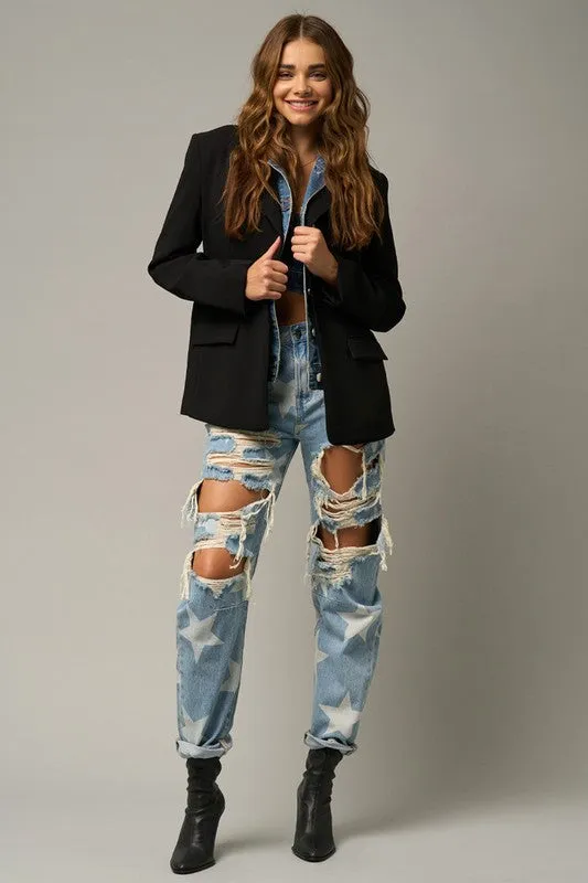 Insane Gene Star Pattern Destroyed Slouchy Straight Leg Blue Denim Jeans