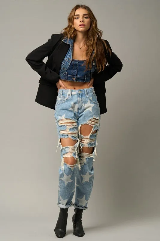 Insane Gene Star Pattern Destroyed Slouchy Straight Leg Blue Denim Jeans
