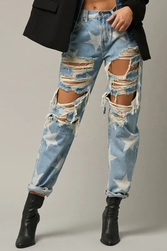 Insane Gene Star Pattern Destroyed Slouchy Straight Leg Blue Denim Jeans