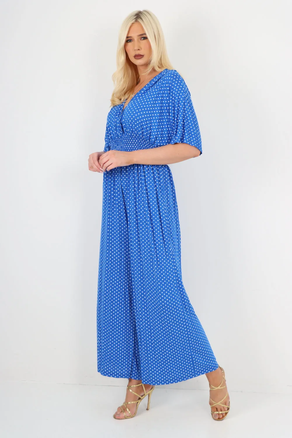 Italian Polka Dot Print Shirred Elasticated Waist V Neck Jumpsuit