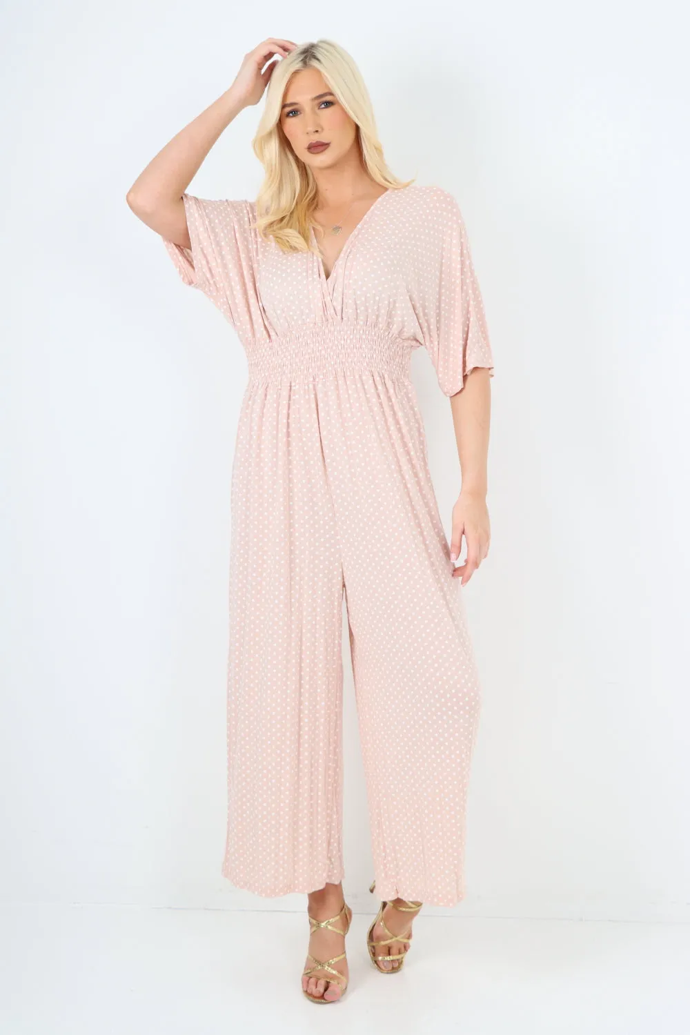 Italian Polka Dot Print Shirred Elasticated Waist V Neck Jumpsuit