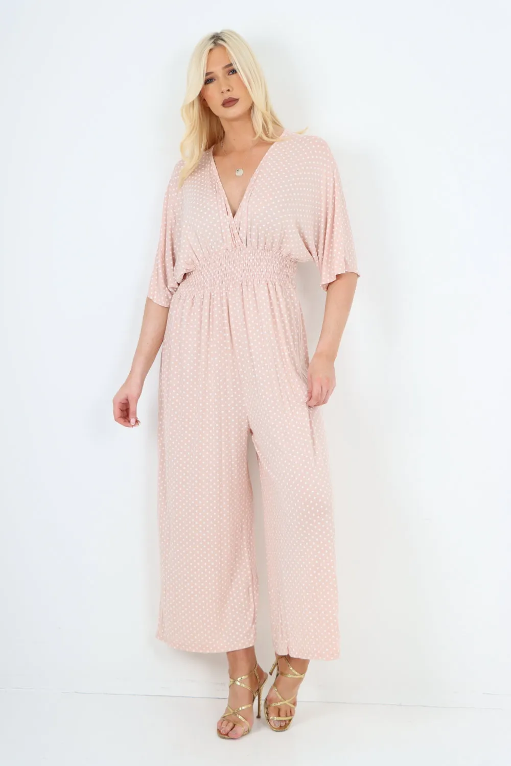 Italian Polka Dot Print Shirred Elasticated Waist V Neck Jumpsuit