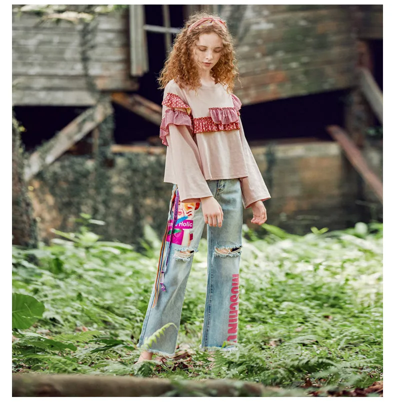 JAM PRINCESS STRAIGHT RIPPED LEG JEANS IN GRAPHIC AND LETTERS PRINT