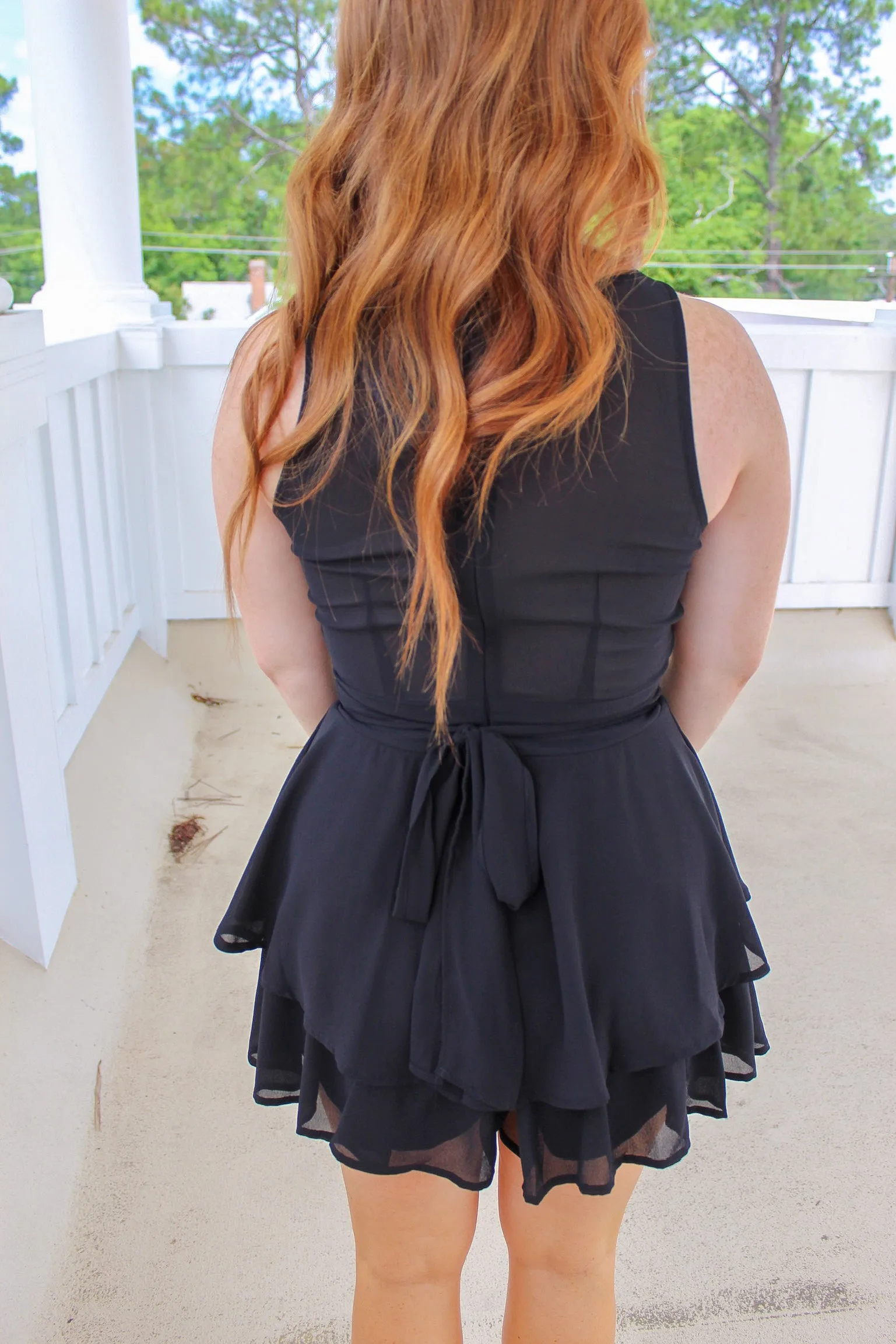 Kristina V Neck Tiered Ruffle Romper- Black