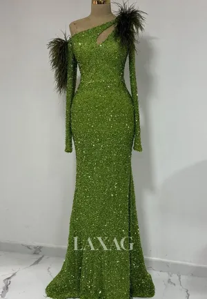 Long Sleeves Asymmetrical-Neck Mermaid Prom Dress Fringed Fully Sequined Pleated Evening Gowns