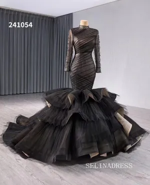 luxury Black High Neck Tulle Wedding Dresses With Long Sleeve Formal Gown 241054