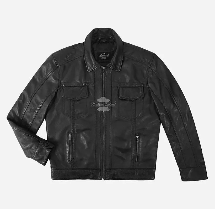 Men's Black Leather Classic Fitted Underwired Collar Jacket