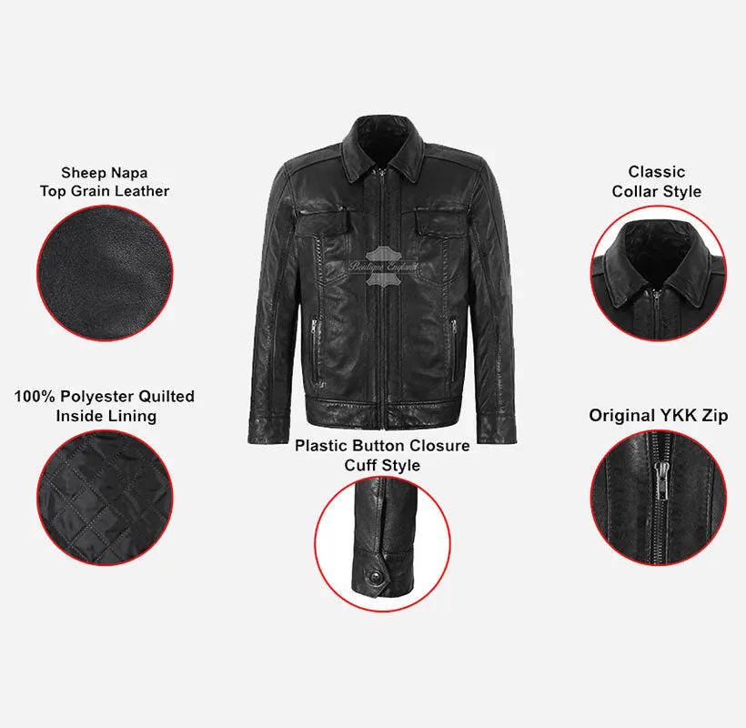 Men's Black Leather Classic Fitted Underwired Collar Jacket