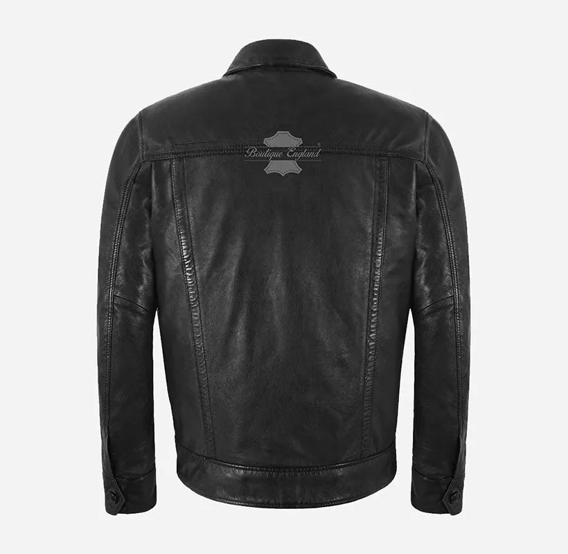 Men's Black Leather Classic Fitted Underwired Collar Jacket