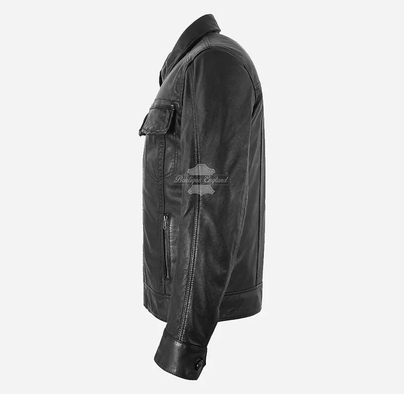 Men's Black Leather Classic Fitted Underwired Collar Jacket