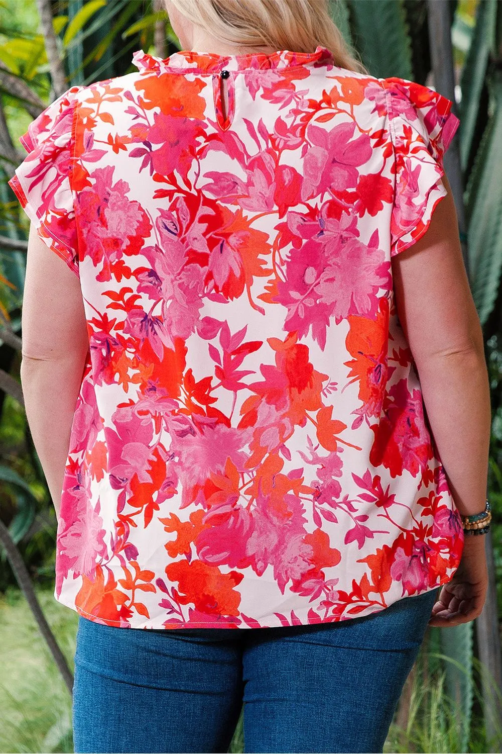 NicholesGifts Plus Size Women Floral Flutter Sleeve Round Neck Blouse