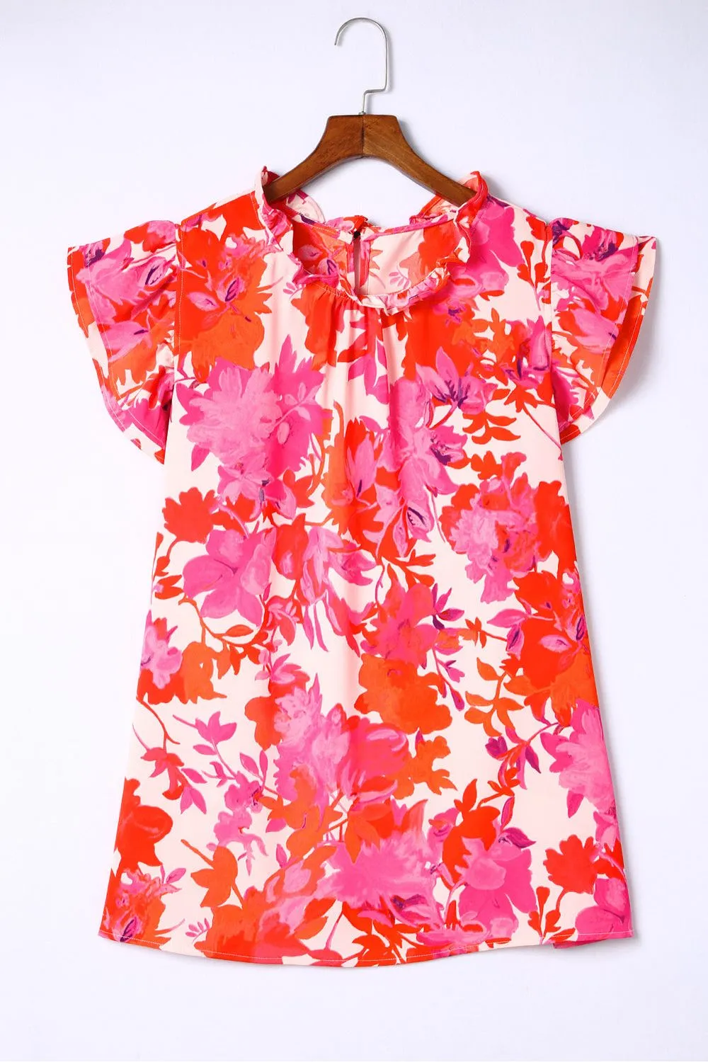 NicholesGifts Plus Size Women Floral Flutter Sleeve Round Neck Blouse