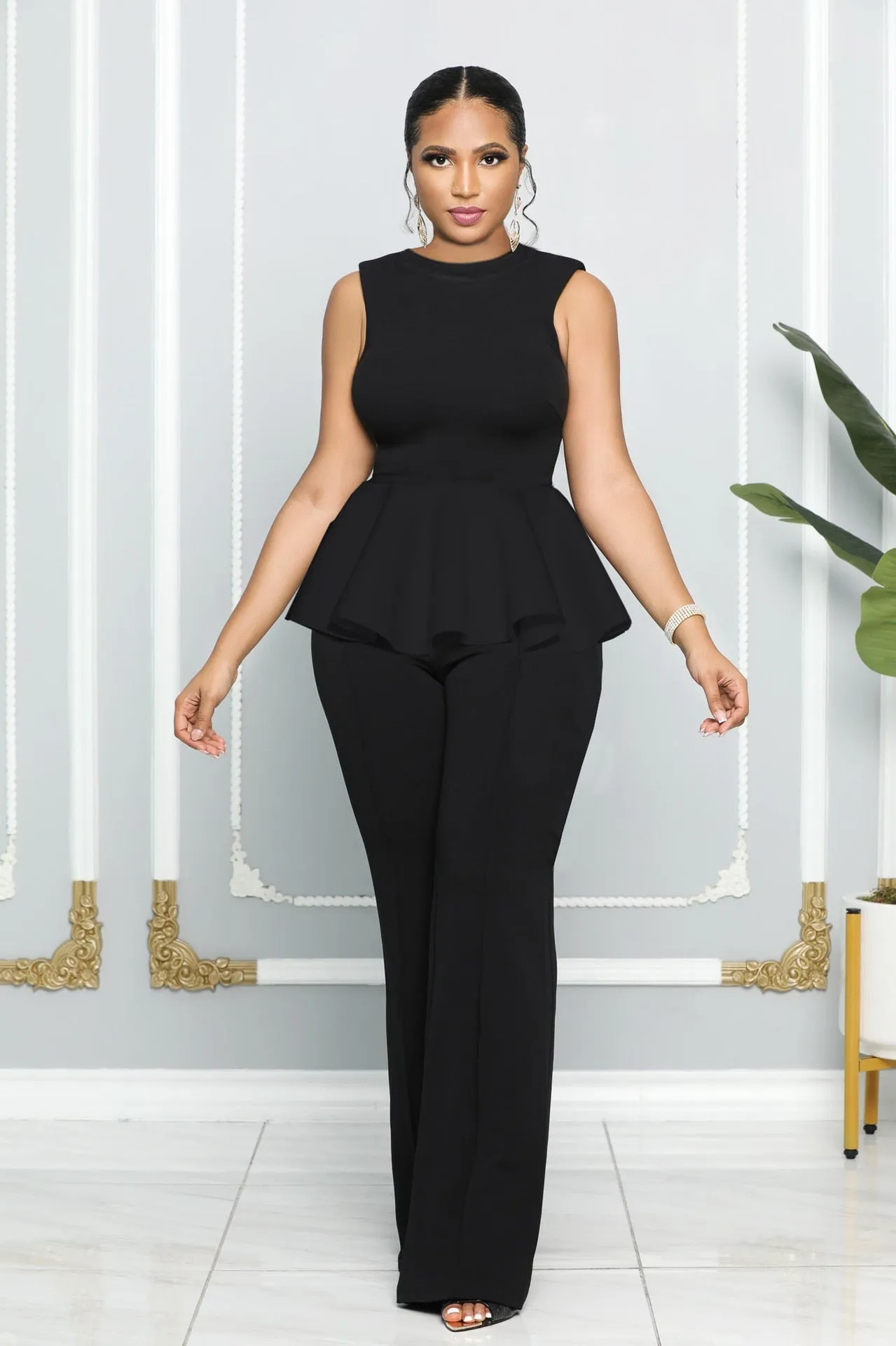 O Neck Sleeveless Patchwork Ruffle Wide-leg One-piece Romper