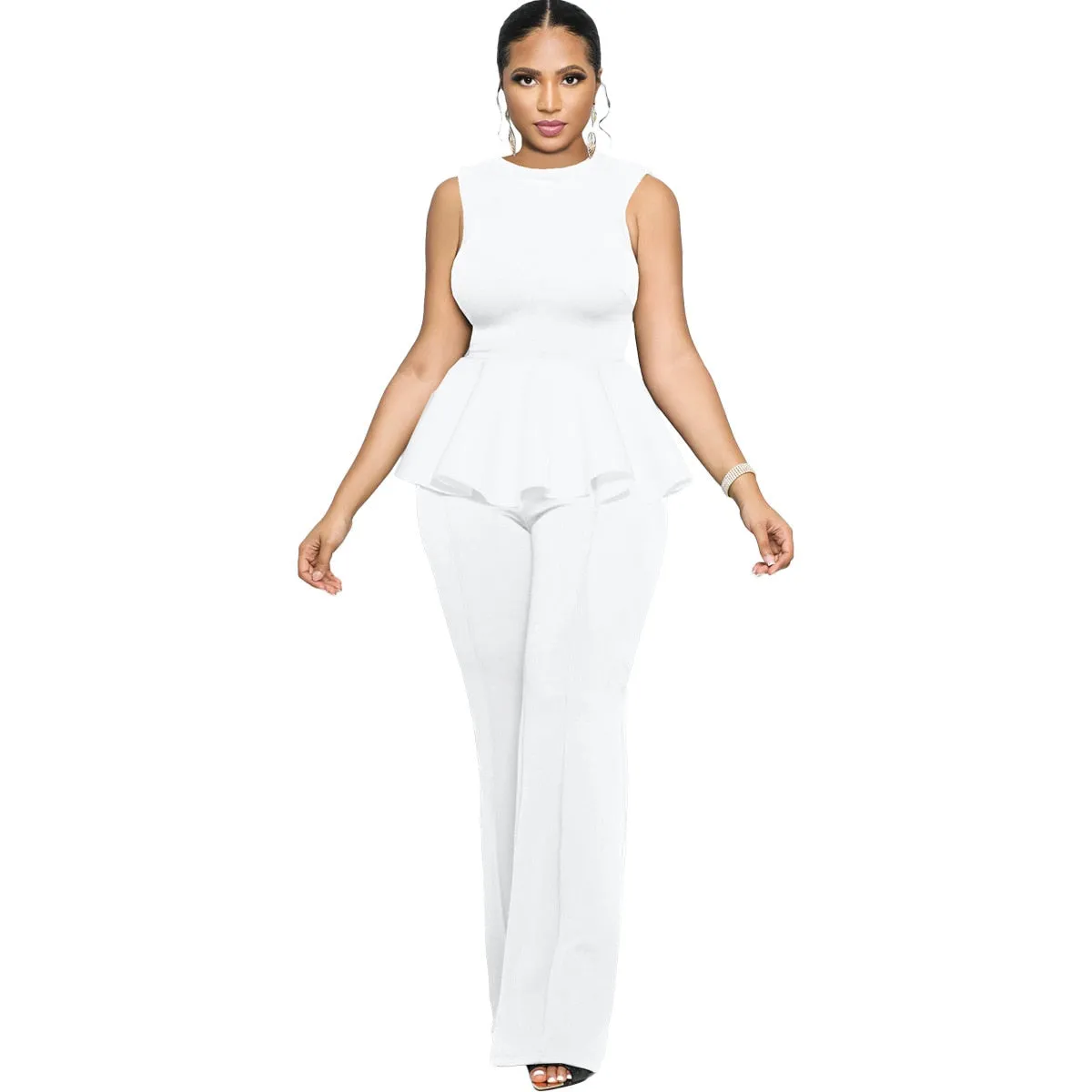 O Neck Sleeveless Patchwork Ruffle Wide-leg One-piece Romper