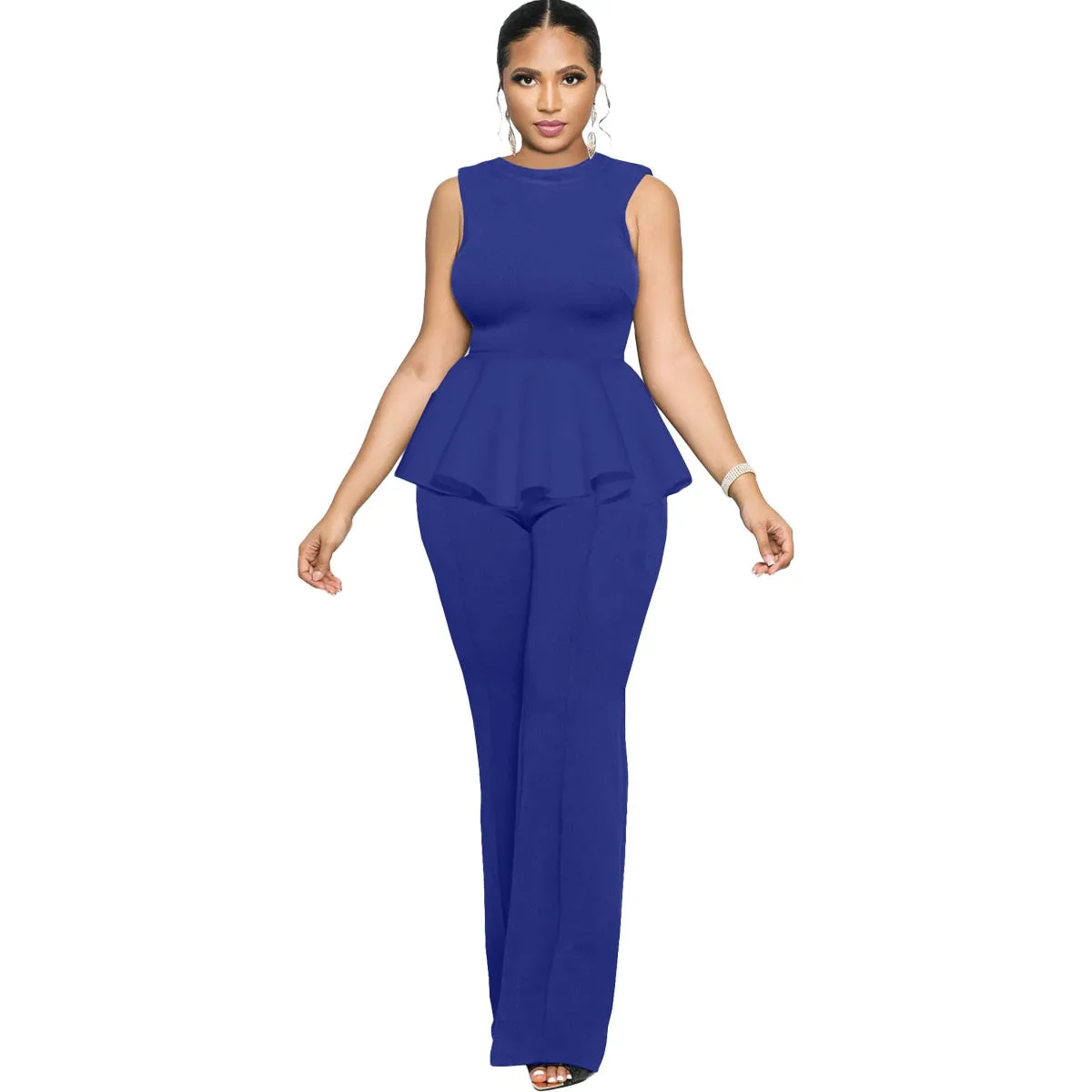 O Neck Sleeveless Patchwork Ruffle Wide-leg One-piece Romper
