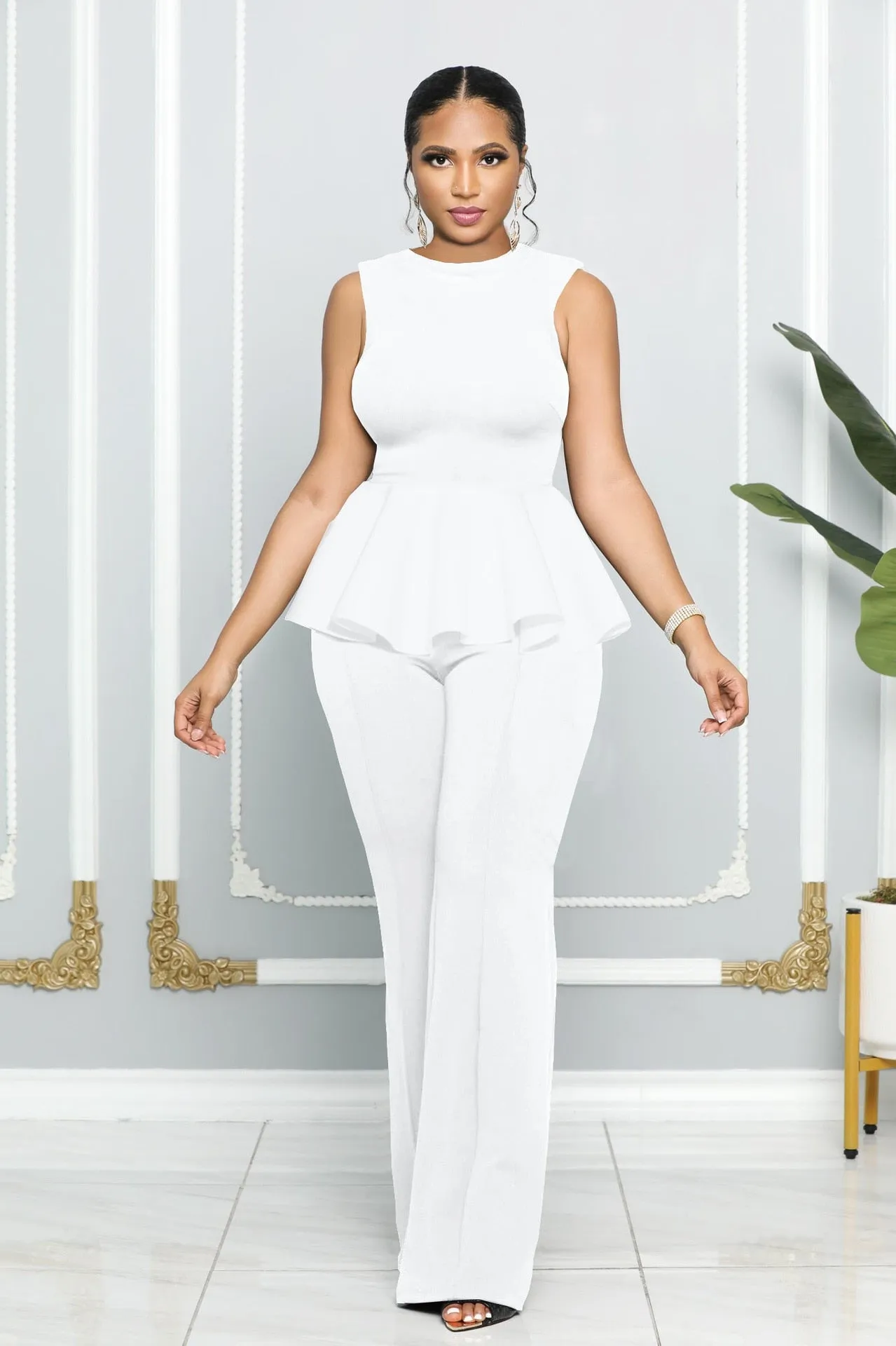 O Neck Sleeveless Patchwork Ruffle Wide-leg One-piece Romper