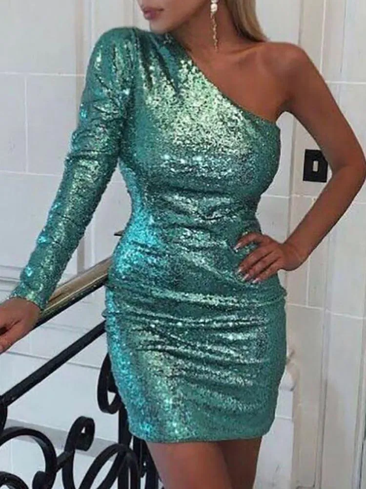 One Shoulder Sequin Tight Green Party Dress