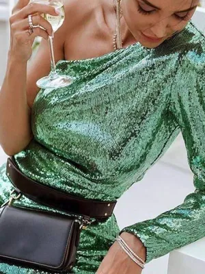 One Shoulder Sequin Tight Green Party Dress