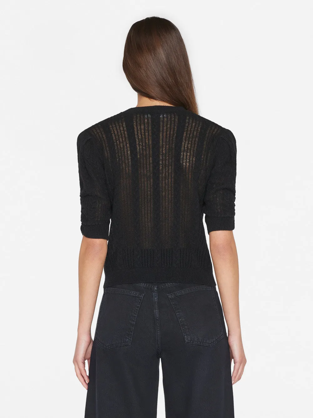Pointelle Cashmere Ruched Short Sleeve Sweater -- Noir