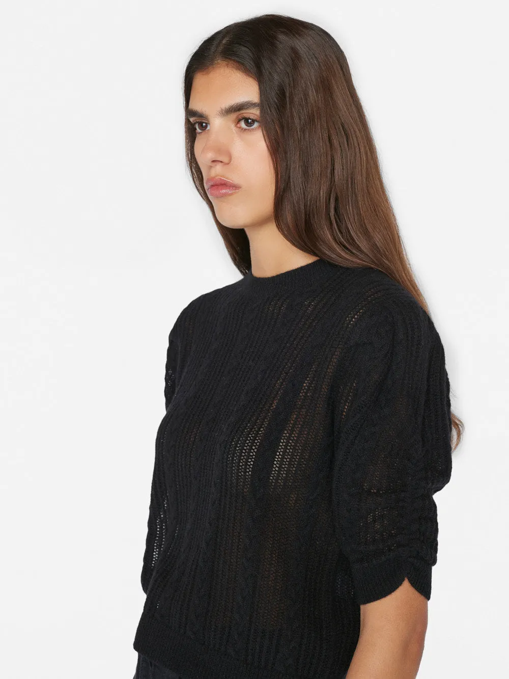 Pointelle Cashmere Ruched Short Sleeve Sweater -- Noir