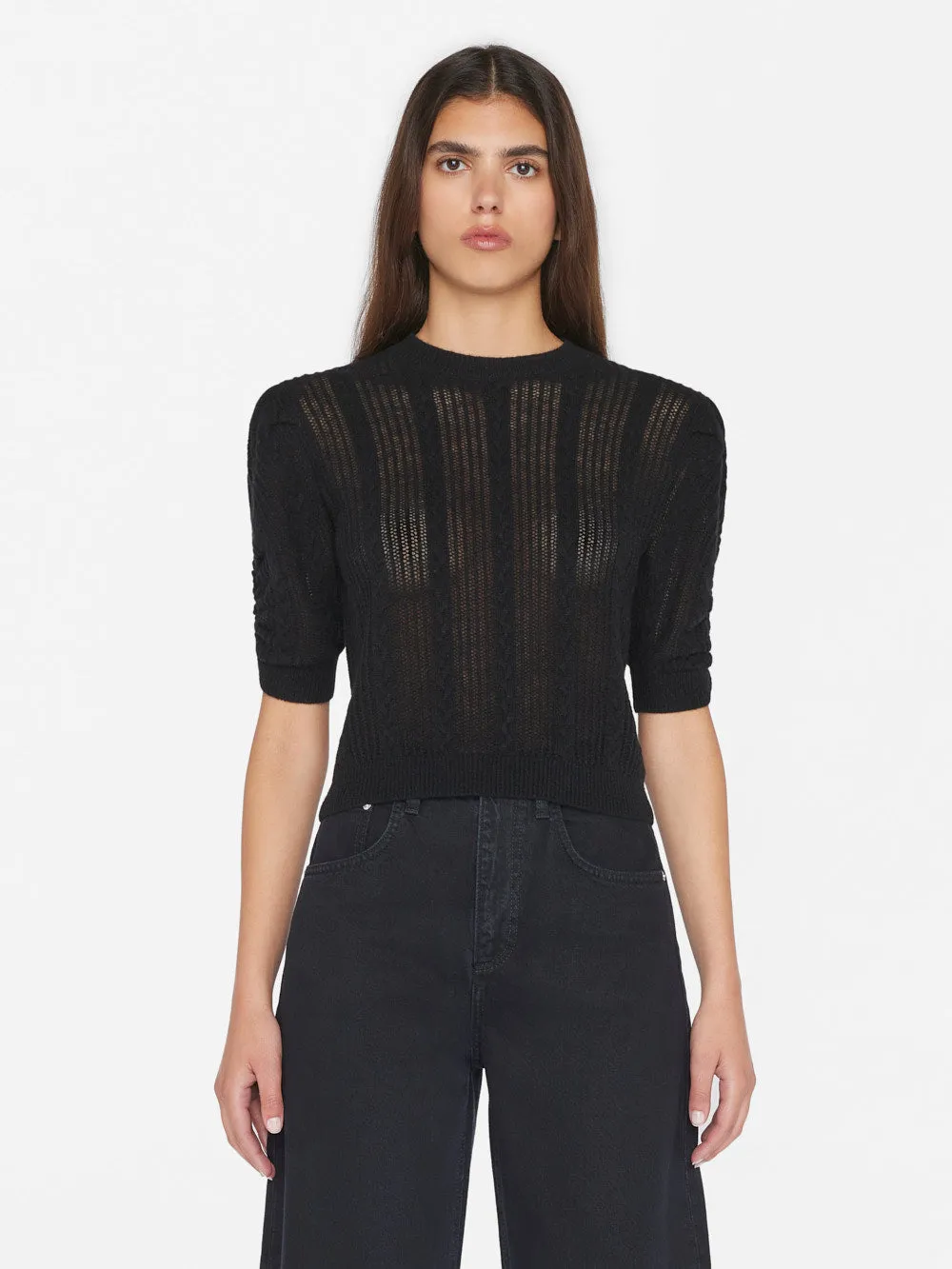Pointelle Cashmere Ruched Short Sleeve Sweater -- Noir