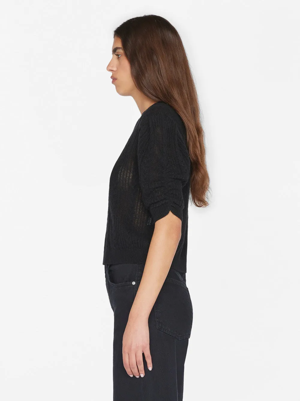 Pointelle Cashmere Ruched Short Sleeve Sweater -- Noir
