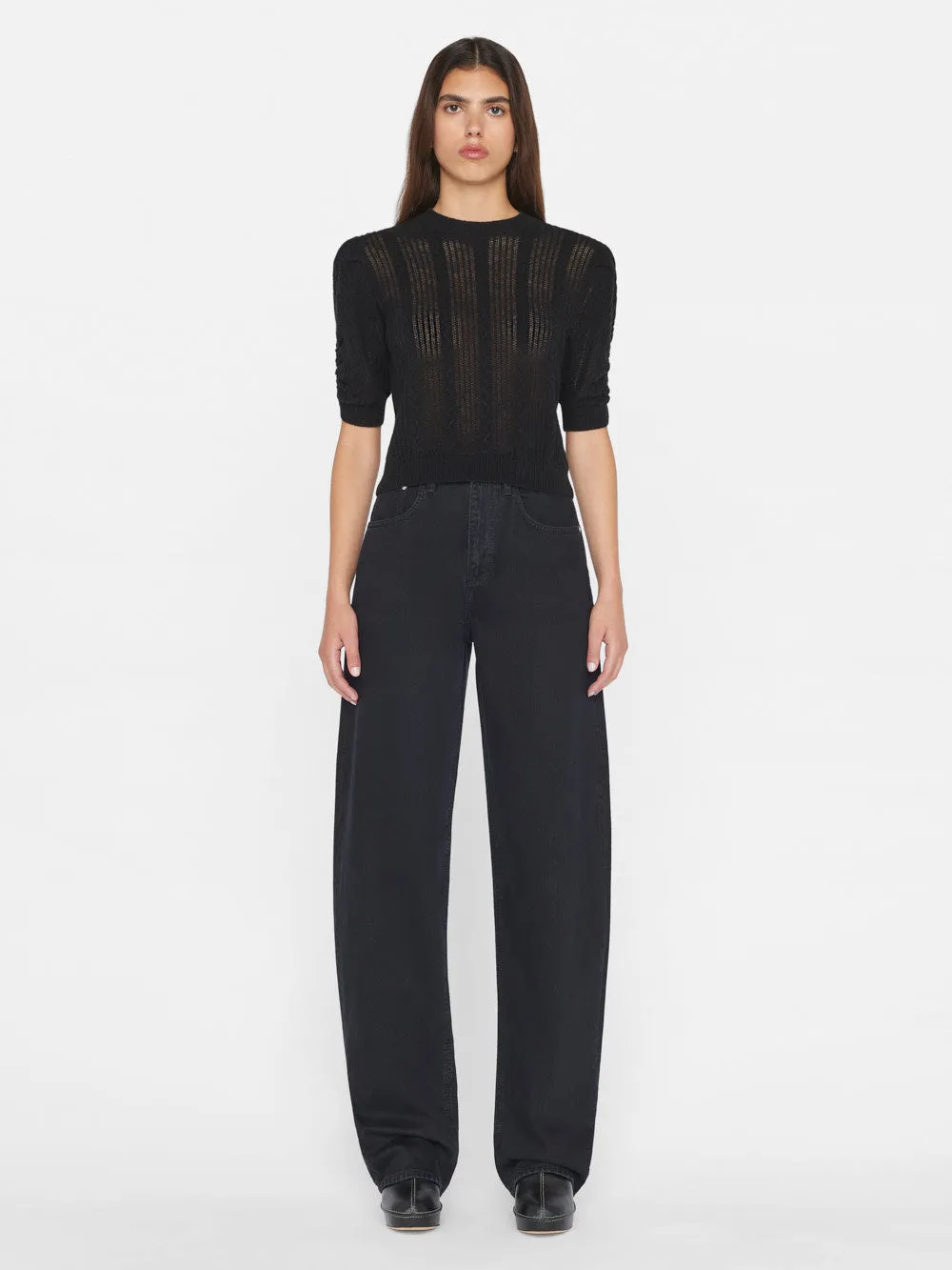 Pointelle Cashmere Ruched Short Sleeve Sweater -- Noir