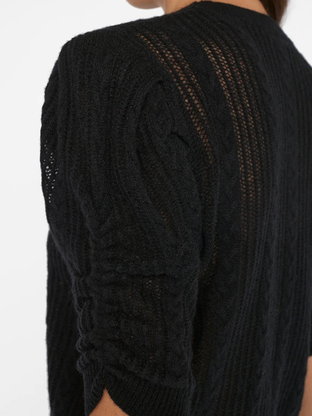 Pointelle Cashmere Ruched Short Sleeve Sweater -- Noir