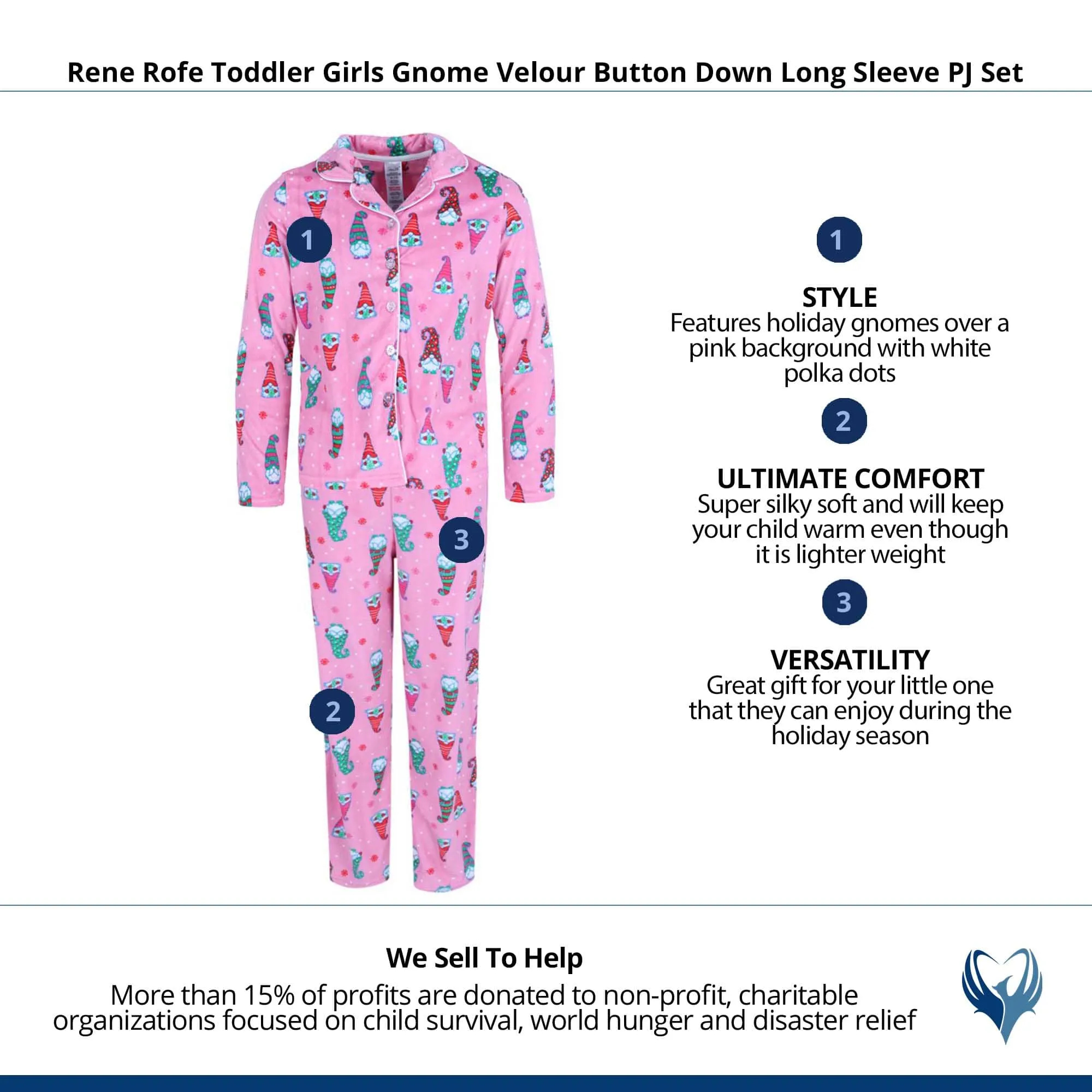 Rene Rofe Toddler Girls Gnome Velour Button Down Long Sleeve PJ Set