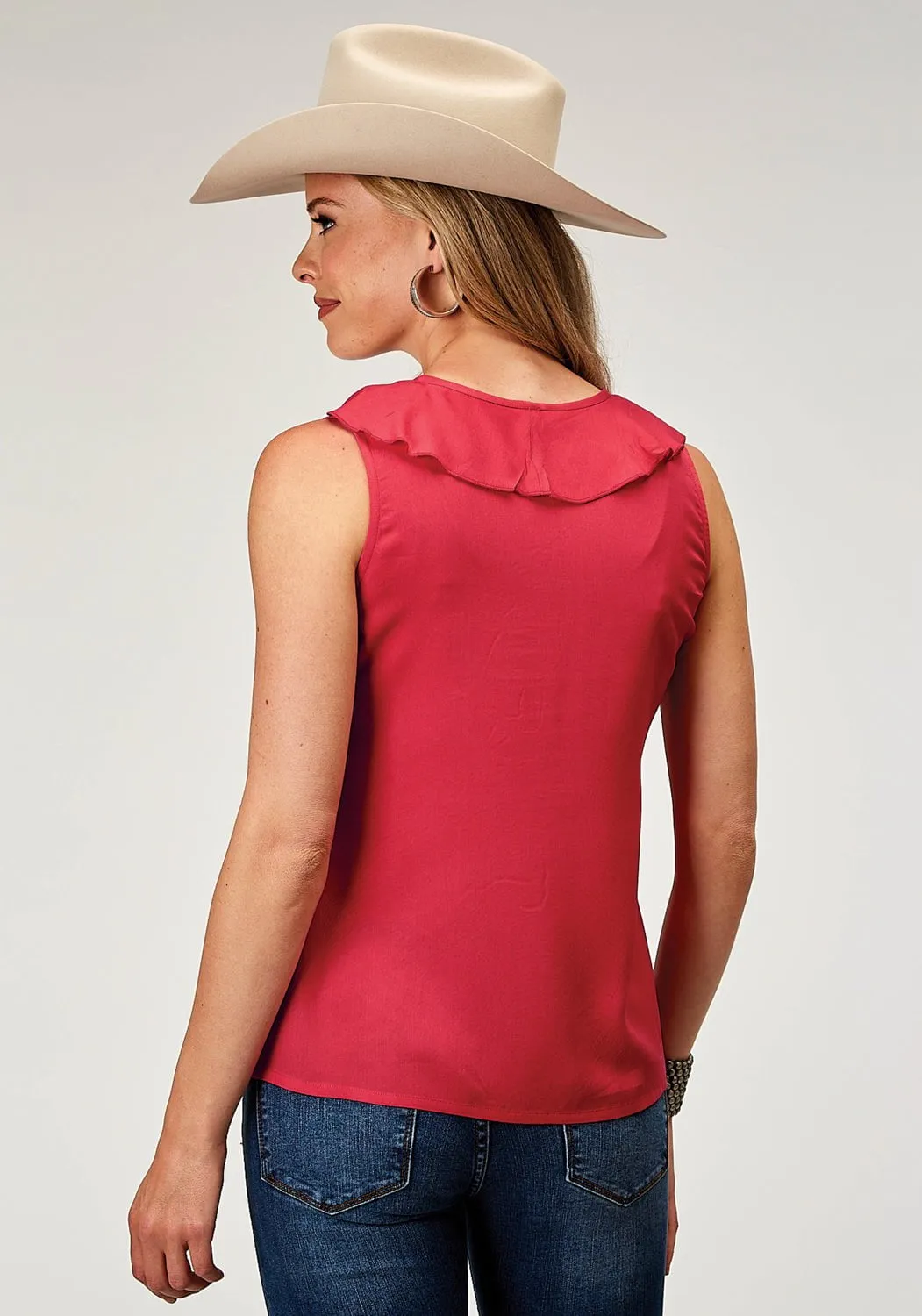 Roper Womens 1998 Front Ruffle Red 100% Rayon S/L Blouse