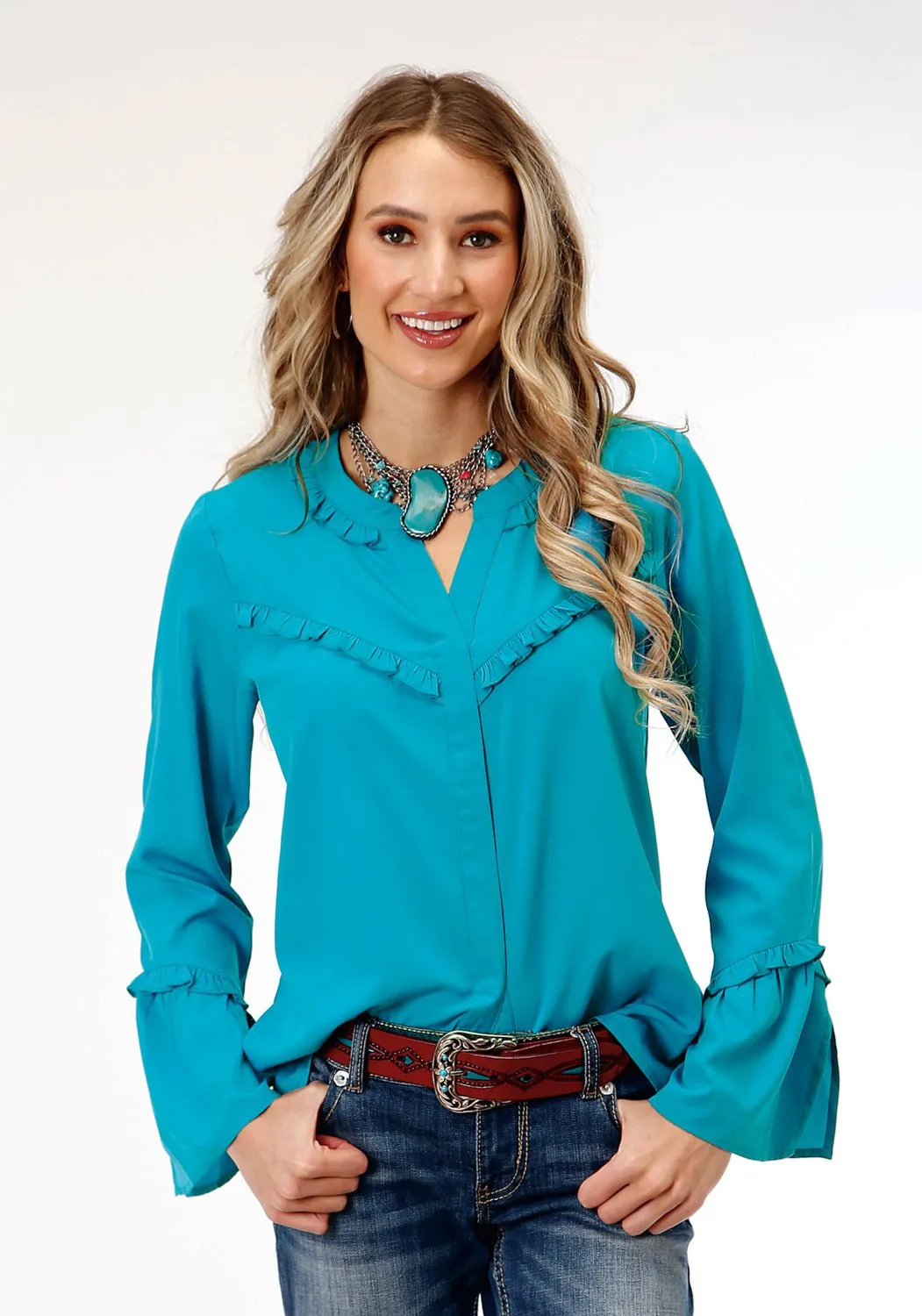 Roper Womens Dark Turquoise Ruffle Blue Polyester L/S Blouse
