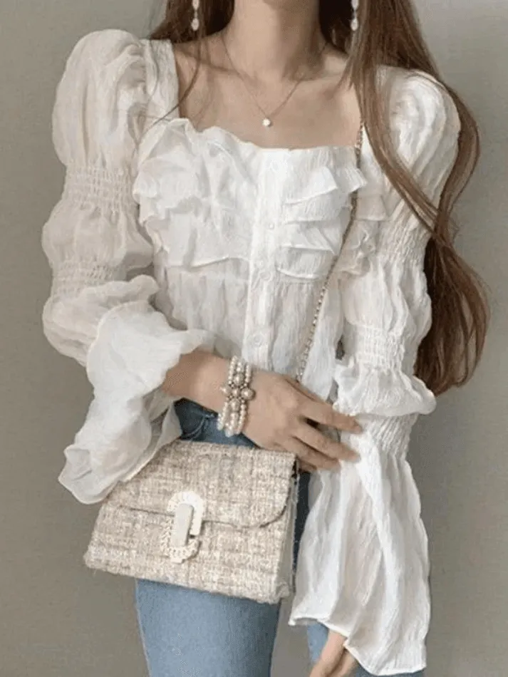Ruffle Buttoned Cropped Long Sleeve Blouse