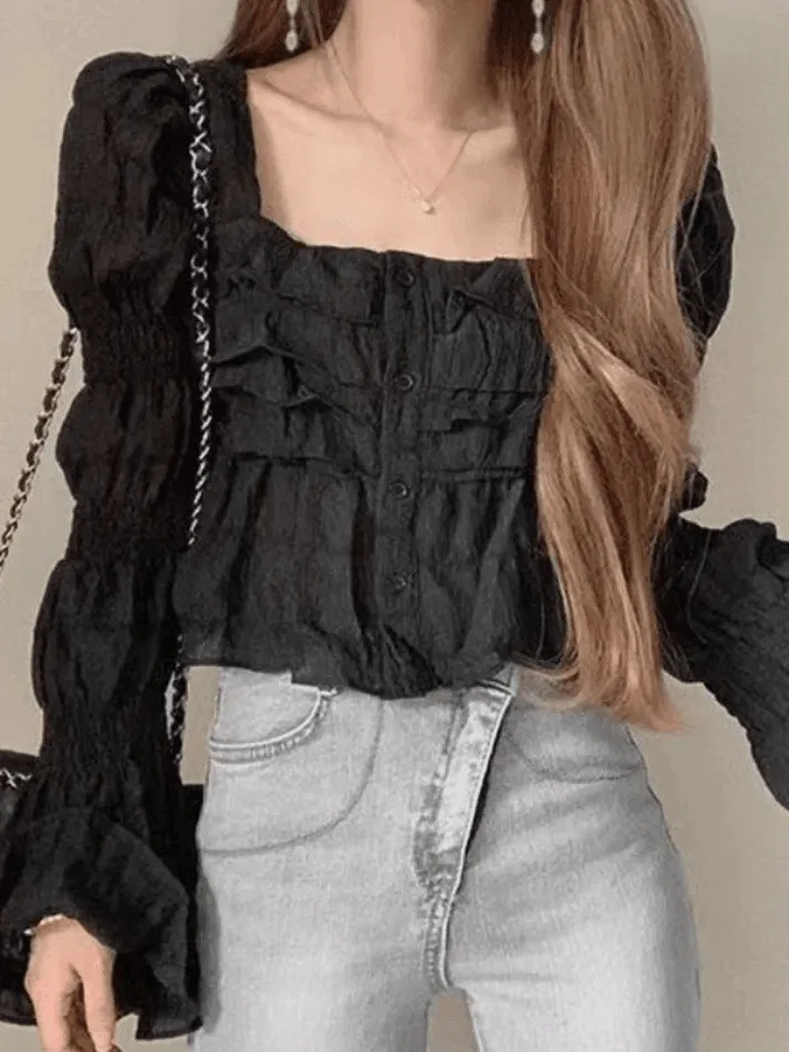 Ruffle Buttoned Cropped Long Sleeve Blouse