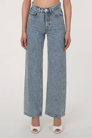 Sparkly Rhinestone Embellished High Waist Straight Leg Distressed Jeans