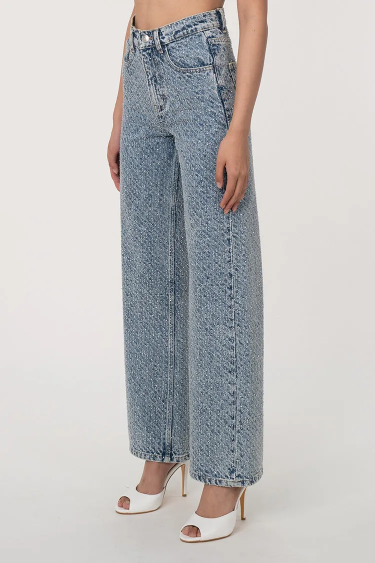Sparkly Rhinestone Embellished High Waist Straight Leg Distressed Jeans
