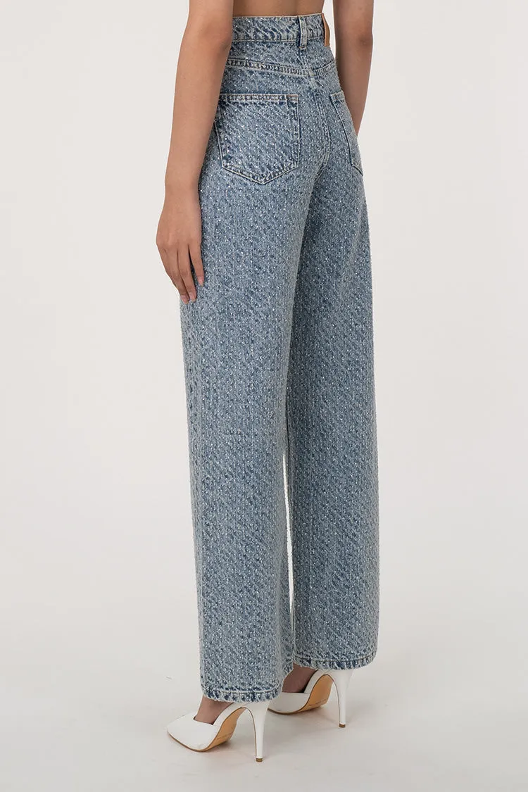 Sparkly Rhinestone Embellished High Waist Straight Leg Distressed Jeans