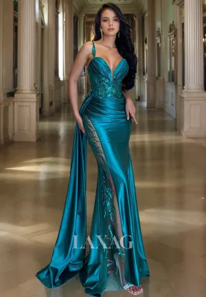 Sweetheart Spaghetti Straps Sequins Satin Mermaid Prom Dress Sleeveless Pleated Formal Evening Gowns