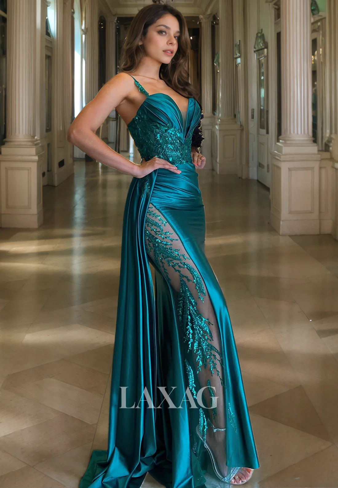 Sweetheart Spaghetti Straps Sequins Satin Mermaid Prom Dress Sleeveless Pleated Formal Evening Gowns
