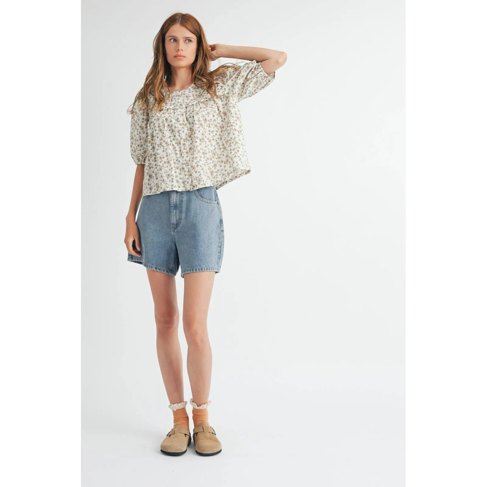 Taupe Floral Button-Up Blouse