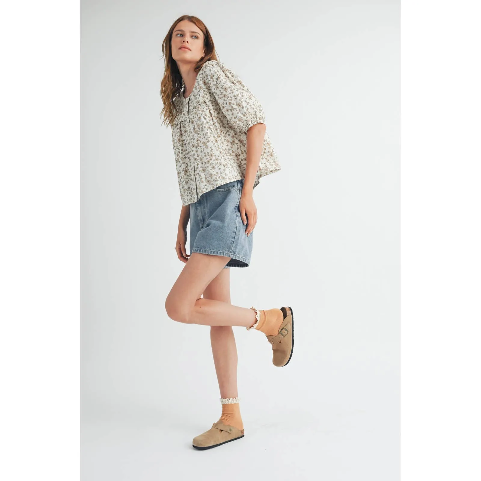 Taupe Floral Button-Up Blouse
